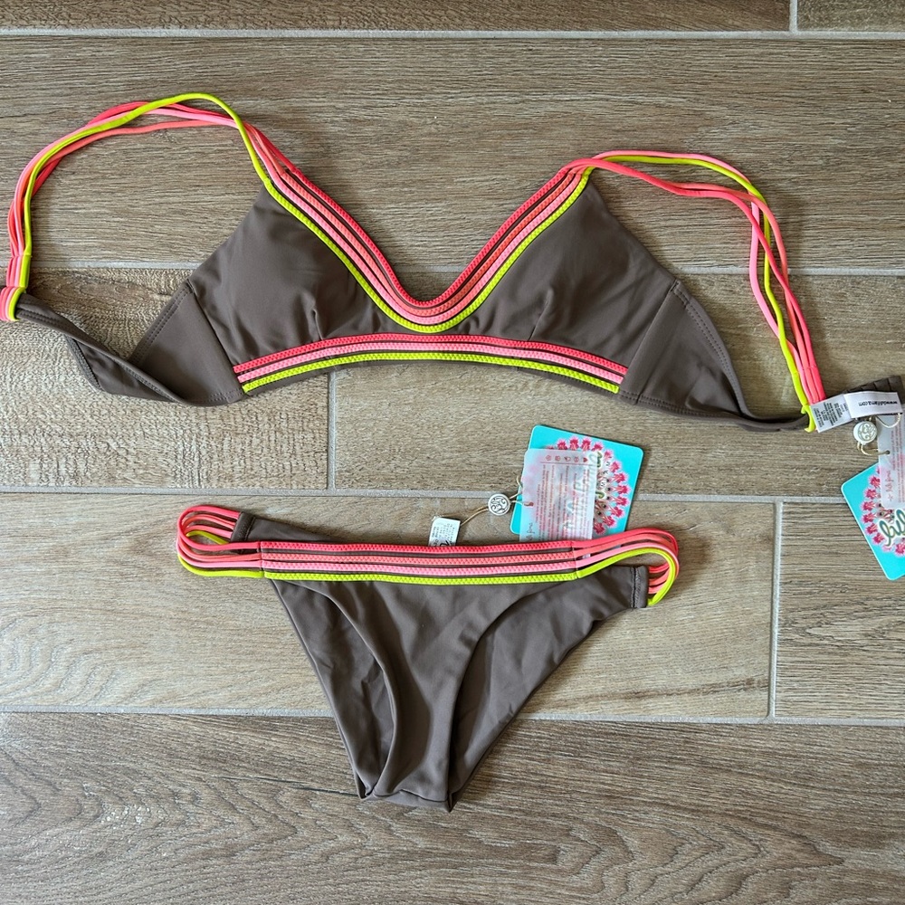 NWT Small Bikini Set Brown and Neon